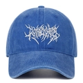 Macro detail of gothic letter embroidery on vintage washed blue cotton baseball cap - Dark Blue