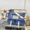 Japanese retro messenger bag in dark blue nylon with adjustable cream white strap - Blue