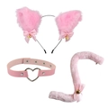 Detailed set of pink plush cat ears headband, faux leather heart choker and furry cat tail - Pink Cat Ears + Heart Choker + Tail