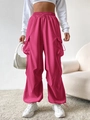 Detail of rose pink cargo pants featuring elastic drawstring waist and side pockets - S / Rose Red