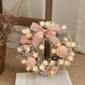 Artificial Christmas wreath with pink velvet bow, felt balls and warm white LED lights - 30CM Flocked Pink-A Wreath With LED