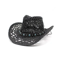 Dettaglio di cappello da cowboy in paglia nera con cintura di pietre e trama traforata - M (56-58cm) / Nero