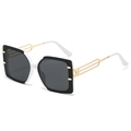 Square black and white oversized sunglasses with golden metal hollow temples - White Frame Dark Grey Lens