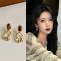 Vintage gold drop earrings featuring tiger eye stone, lava texture metal and white pearl - Gold Tiger Eye Lava Ring Pearl Earrings