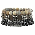 Detail of four-piece layered bracelet set with tiger eye, skull leather, and metal beads - Skull Leather Rope Set