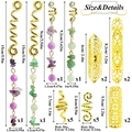 Golden dreadlock jewelry set with purple and green stones including size specifications - 20Pcs Gold Set Style 17