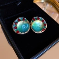 Vintage style gold earrings with a green iridescent pearl and red gemstone accents - 11# Silver Pin Rhinestone Round Glass Dangle