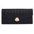 Women's black PU leather trifold envelope wallet with quilted pattern and gold buckle - Black
