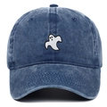Close-up of white ghost embroidery on dark blue washed denim cotton baseball cap - Navy Blue