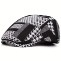 British style black and white houndstooth patchwork beret for women in a classic autumn design - Adjustable / Black