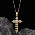 Macro shot of gold cross pendant necklace with micro-paved white zircons on black stone - Style 23: Copper Plated With Real Gold + Stainless Steel Chain (color Retention)