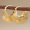 Elegant gold hollow flower earrings with intricate filigree and bohemian ethnic style - E4518 Flower Hollow Half Moon / Gold Tone
