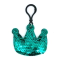 Green sequin crown keychain with fish scale texture and black plastic hook hanging - Crown