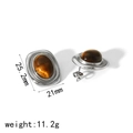 Detailed view of silver titanium steel earrings with oval tiger eye stones and dimensions - Silver Base Tiger Eye Stud Earrings (TE6724-TG-S)