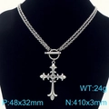 Collana vintage con croce in acciaio inossidabile argento con chiusura a barra OT - Stile Croce con Chiusura OT a Catena Fine a Doppio Strato / Acciaio (KN291898-Z)