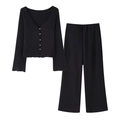 Zweiteiliges Damen-Set in Schwarz mit V-Ausschnitt Strickjacke und Plissee-Weitbeinhose - S / Schwarz
