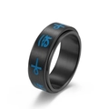Schwarzer Edelstahl-Spinner-Ring mit blauen ägyptischen Ankh- und Horusauge-Symbolen - Größe 7 / Ägyptische Symbole / Schwarz