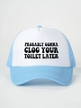 Detail of blue and white trucker hat with funny black slogan print on white foam front - One Size / White/Sky Blue