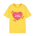 Bright yellow Mother's Day T-shirt with pink heart and I LOVE MY MOM print - XS / Heart Letter Print / Yellow