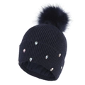 Berretto in maglia blu scuro con pompon di peluche e strass per l'inverno - Regolabile / Blu navy