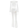 Chic white two-piece set with long sleeve crop top and high-waist flared pants - S / White