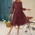 Robe mi-longue évasée à fleurs rouge et noir avec manches longues et lien à nouer - XS / Noir avec fleurs rouges