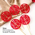 5er-Set rote Filz-Glückssymbole Kuchendeko mit Holzstäben für chinesische Hochzeiten - Filz Ring Doppelglück 5Stk