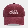 Detail of embroidered 'GOD'S FAVORITE' text on a vintage burgundy cotton baseball cap - Adjustable / GOD'S FAVORITE / Burgundy