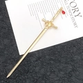 Golden sword hair stick with heart cutout and red teardrop gemstone pendant - Ruby Pendant Style / Color Retention KC Gold (Ruby)