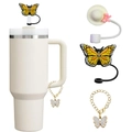 Stanley cup accessories set with butterfly straw covers and gold chain butterfly pendant - Beige Set