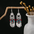 Ethnic bohemian silver tassel earrings with red and blue beads on a wooden branch - Dreamcatcher Feather Tassel Multicolor Style (E1686-4/Multicolor)