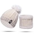 Winter knitted hat and neck warmer set in cream white with plush pom-pom and fleece lining - One Size / White