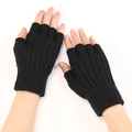 Short black cable-knit fingerless gloves for men and women, soft thermal winter hand warmers - One Size / Black