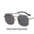 Steampunk silver metal octagonal sunglasses with dual bridge and dark grey lenses - Silver Frame Grey Lens
