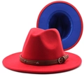 Detail of red wool fedora with blue interior, brown leather band and silver metal buckle - M(56-58cm) / Red+Royal Blue
