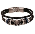 Multi-layer black leather bracelet featuring a silver skull charm and blue accent beads - Skull
