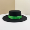 Classic black wool boater hat featuring a vibrant green ribbon band with bow accent - M (56-58cm) / Black (Green Ribbon)