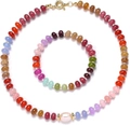 Colorful gemstone bead necklace and bracelet set with white baroque pearl and gold clasp - Style 32 Necklace and Bracelet Set (6mm)