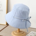 Light blue sun hat for women with textured fabric, plaid trim, and elegant bow detail - M (56-58cm) / Light Blue