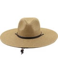 Wide brim paper straw Panama hat with windproof cord and leather band detail - M(56-58cm) / Khaki