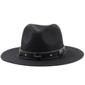 Black straw Panama hat with leather band and vintage metal studs on white background - Black