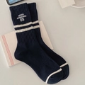 Navy blue crew socks with white stripes and letter embroidery for a sporty look - One Size / Navy Blue