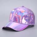 Detail of laser reflective purple PU fabric and stitching on this baseball cap - Curved Brim / Purple