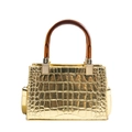 Glossy gold patent leather crossbody bag with crocodile pattern and amber handle - Gold