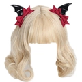 Detail of bat wings and red bows on a long wavy blonde hair wig for Gothic Lolita style - Black Devil with Red Bow