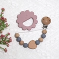 Pink lion silicone teether with natural wooden pacifier clip on white knit background - Lion Teether + Beaded Chain / Dark Gray