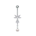 Detail of silver belly ring with flower zircon inlay and a dangling white pearl charm - Flower Artificial Pearl Dangle (3007)
