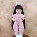 55cm reborn doll with dark hair in pink knit bodysuit and white sneakers stand - Pink Knit Romper Brown Hair / Full Set (With Clothes)