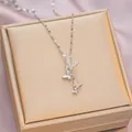 Silver titanium steel necklace featuring tiered butterfly pendants with micro-set zircon - 6031 Butterfly Design / Silver
