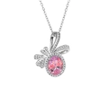 Silver plated necklace with pink oval gemstone and sparkling bowknot pendant - Pink Diamond Necklace Xl-112